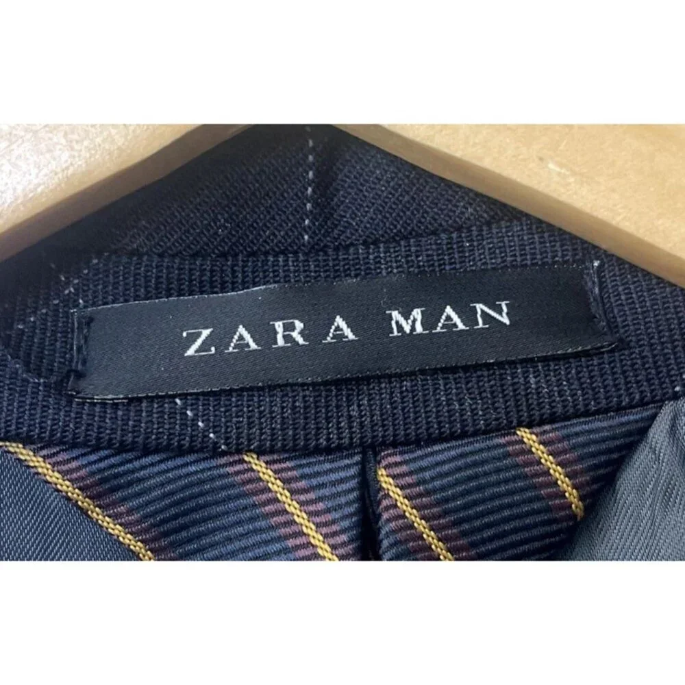 Zara Mens Blazer Size 40 Navy Blue Plaid Wool Blend Button‎ Front
